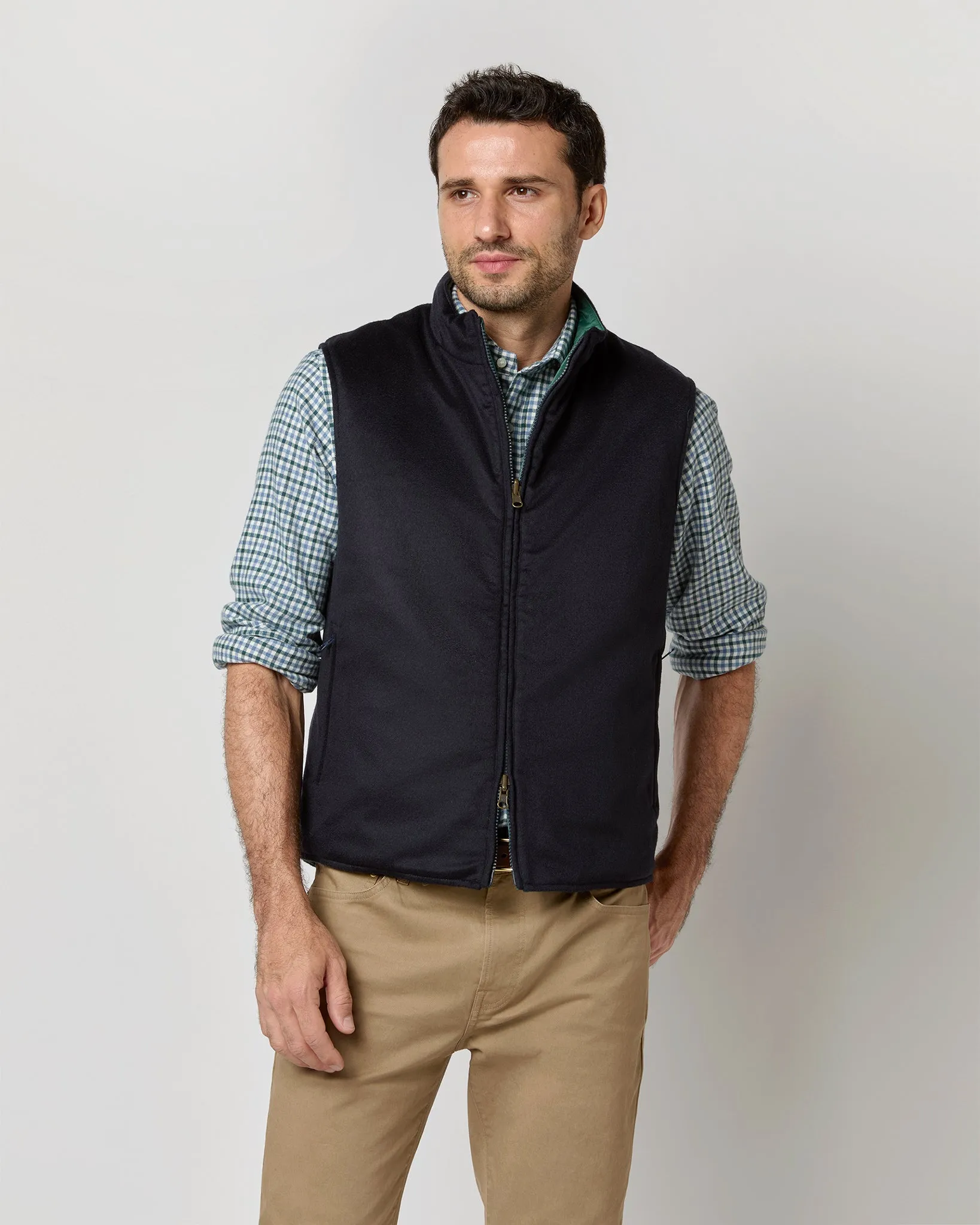 Reversible Cashpad Zip Vest in Spruce Nylon/Navy Cashmere Flannel