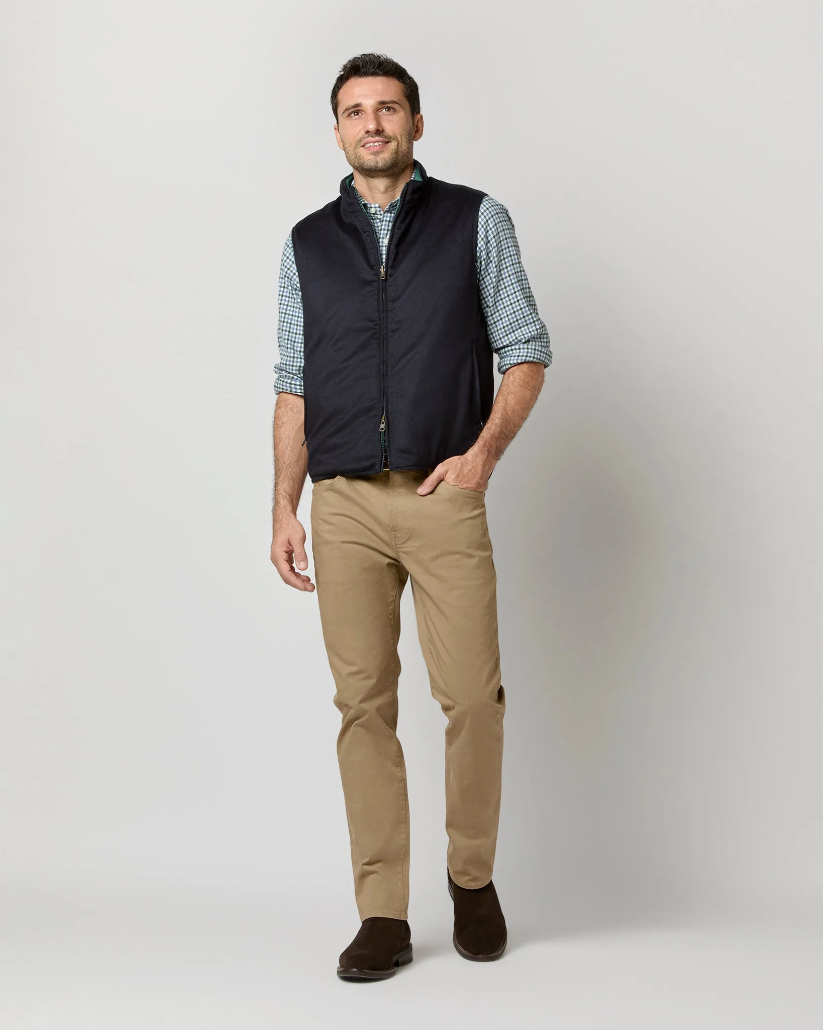 Reversible Cashpad Zip Vest in Spruce Nylon/Navy Cashmere Flannel