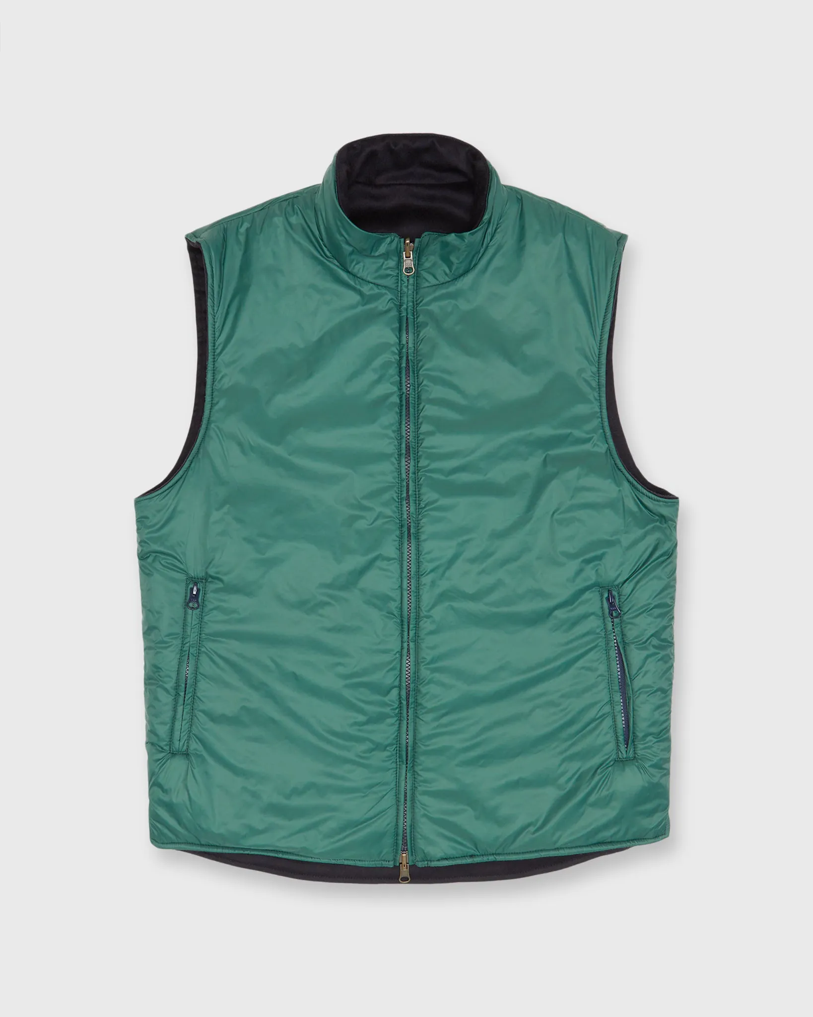 Reversible Cashpad Zip Vest in Spruce Nylon/Navy Cashmere Flannel