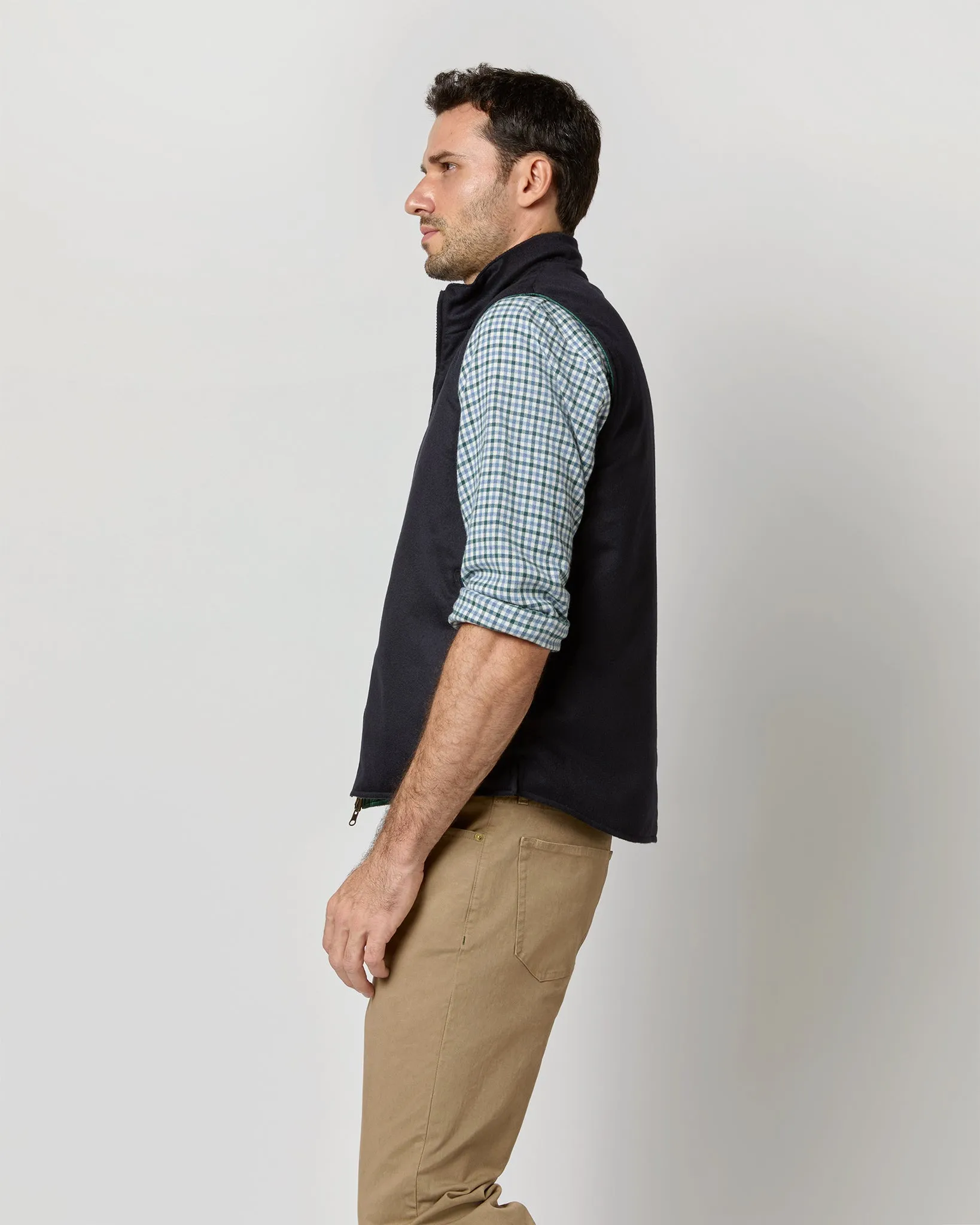 Reversible Cashpad Zip Vest in Spruce Nylon/Navy Cashmere Flannel