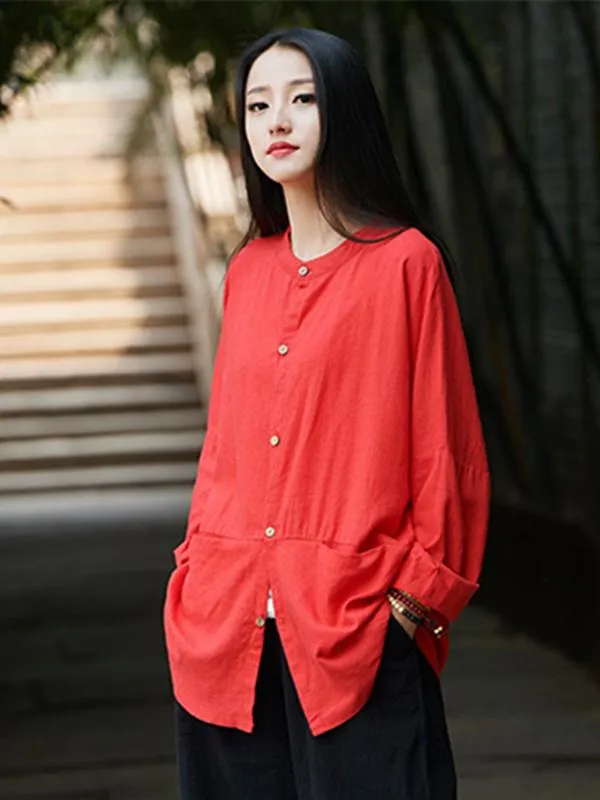 Soft Red Ramie Cotton Blouse Outwear