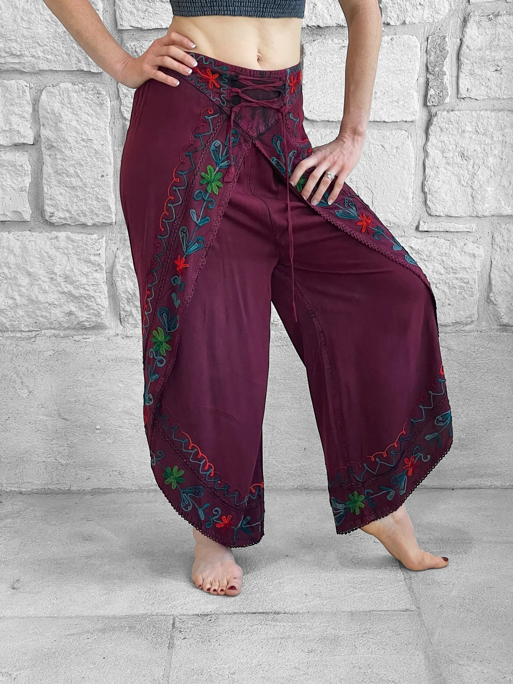 'Split' Indian Stonewashed Rayon Pants - Dark Burgundy