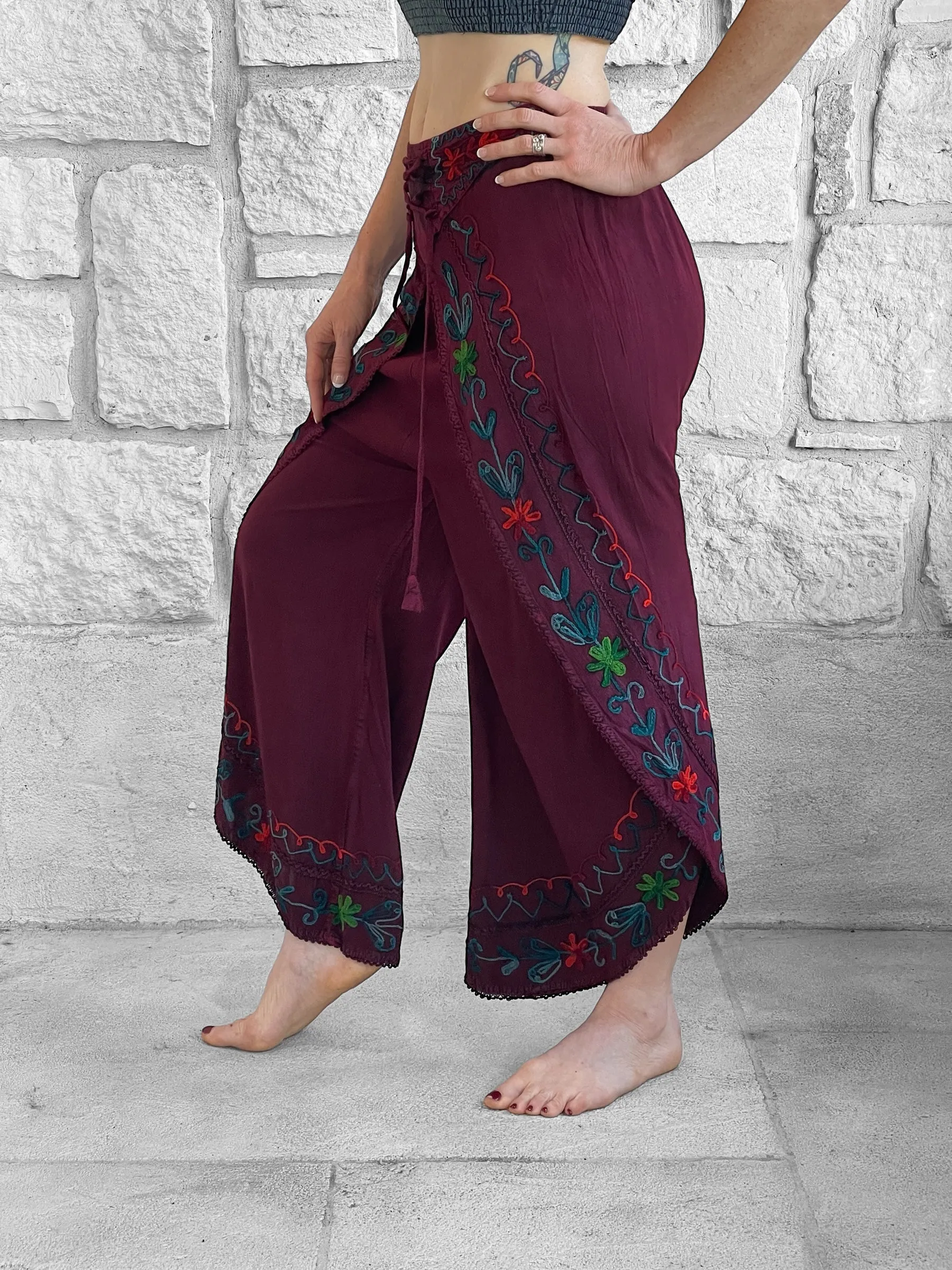 'Split' Indian Stonewashed Rayon Pants - Dark Burgundy