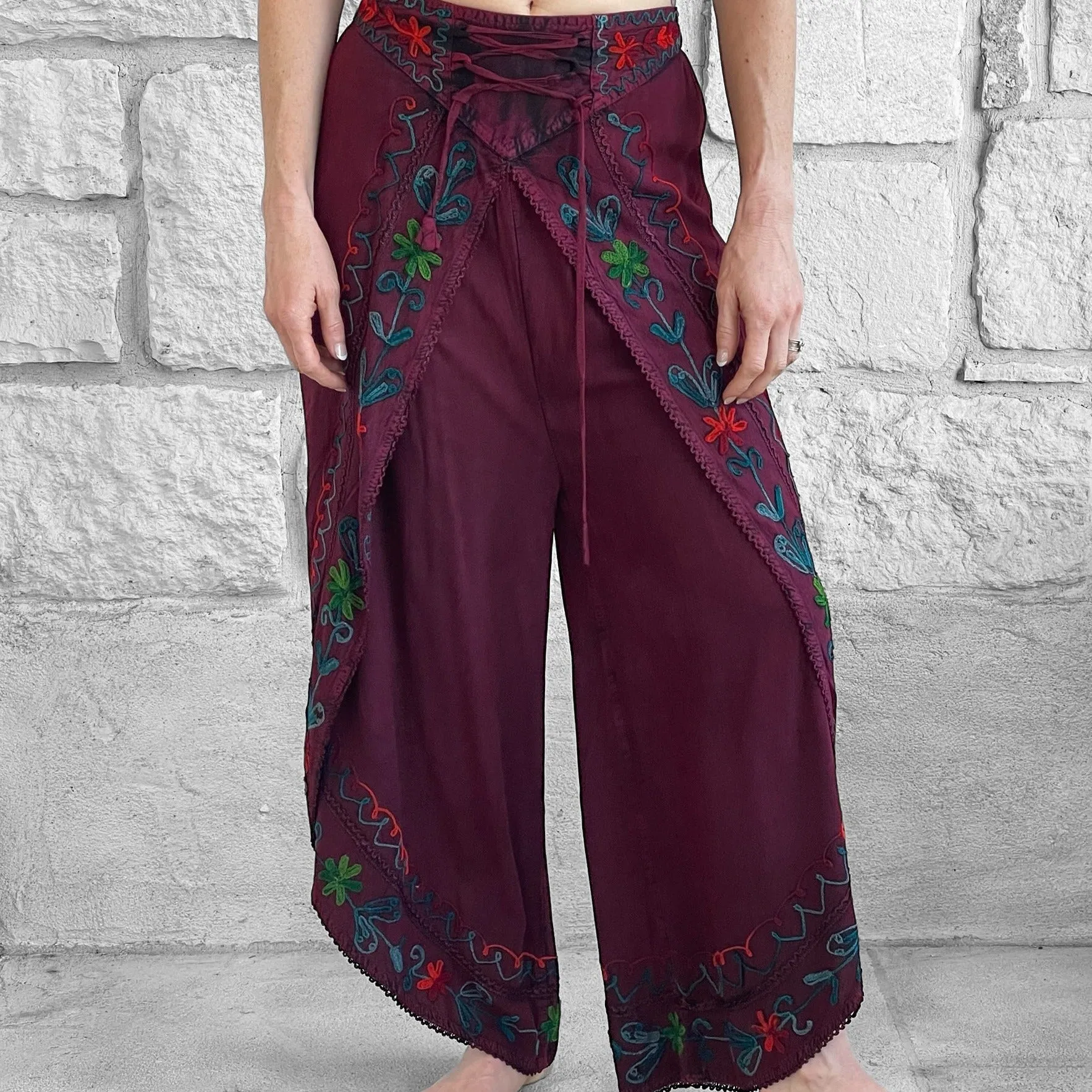 'Split' Indian Stonewashed Rayon Pants - Dark Burgundy