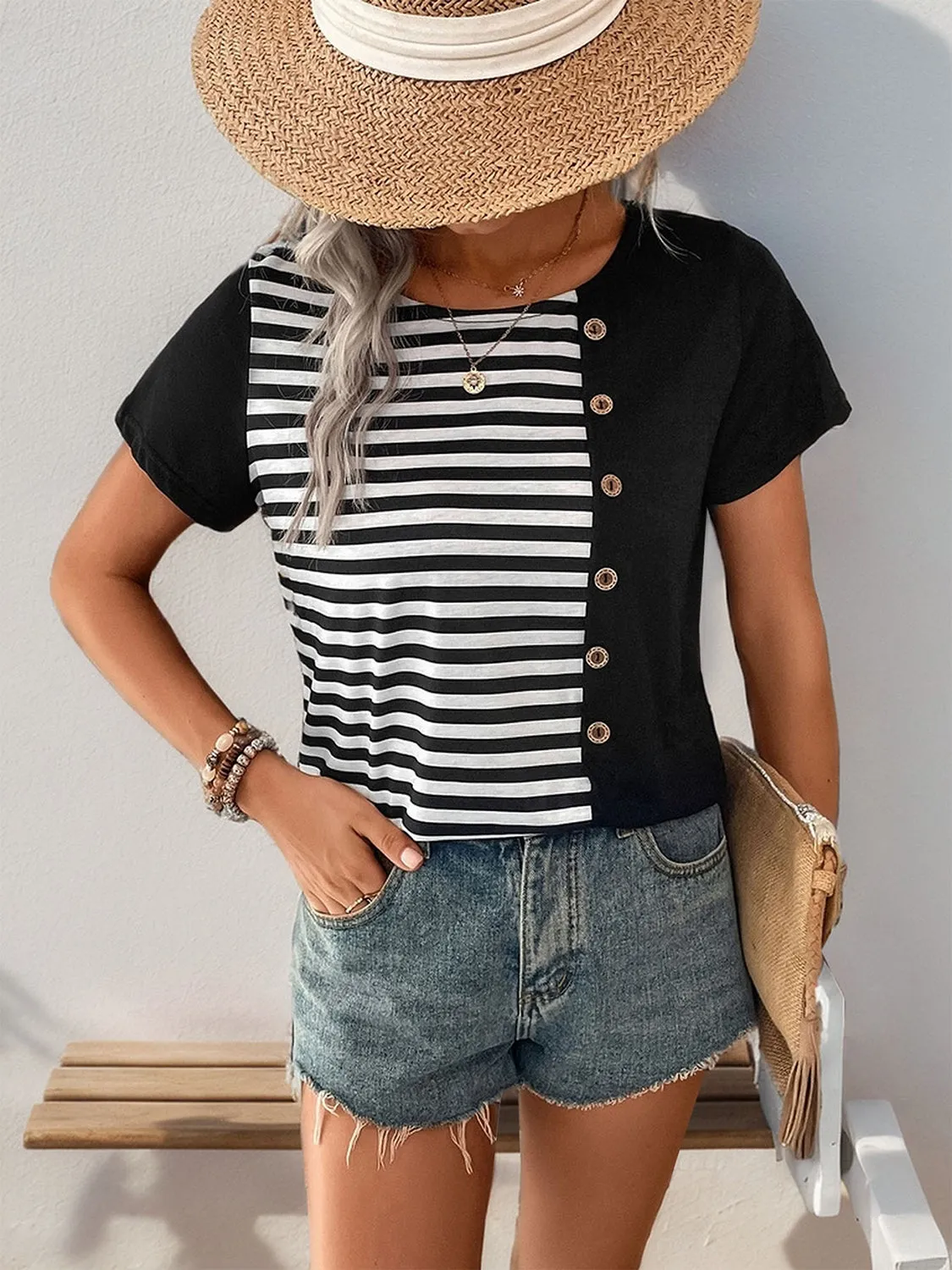 Striped Round Neck Short Sleeve T-Shirt