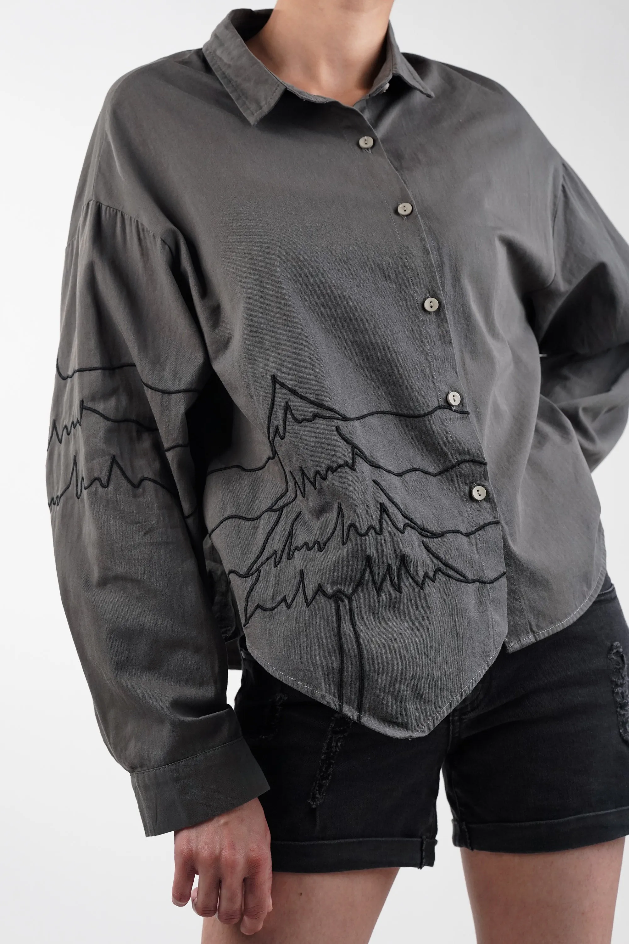 Tree Embroidery Cotton Oversized Shirt