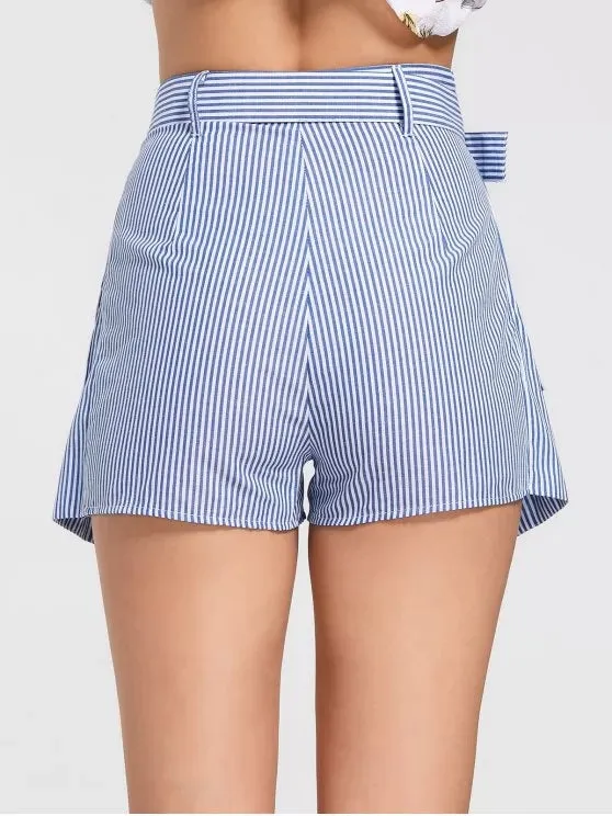 Trendy Belted Striped Skorts with Pockets