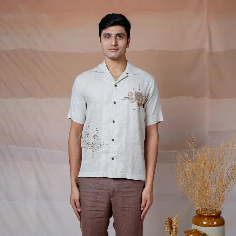 Unisex Linen Shirt | Beige | Hand Embroidered