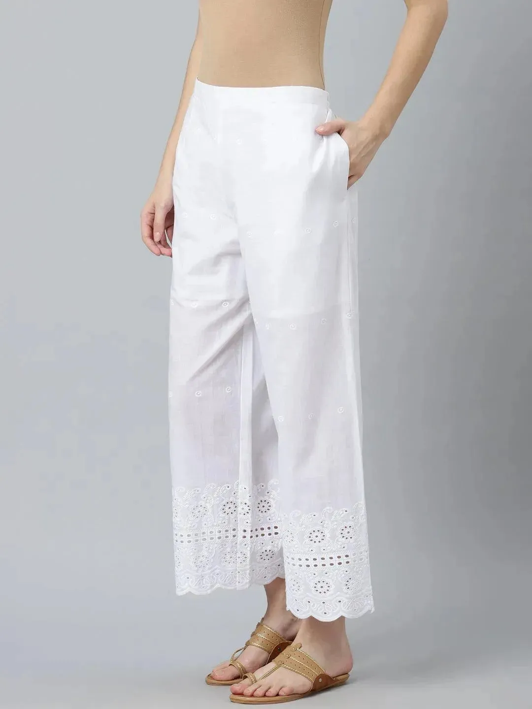 White Embroidered Cotton Palazzos