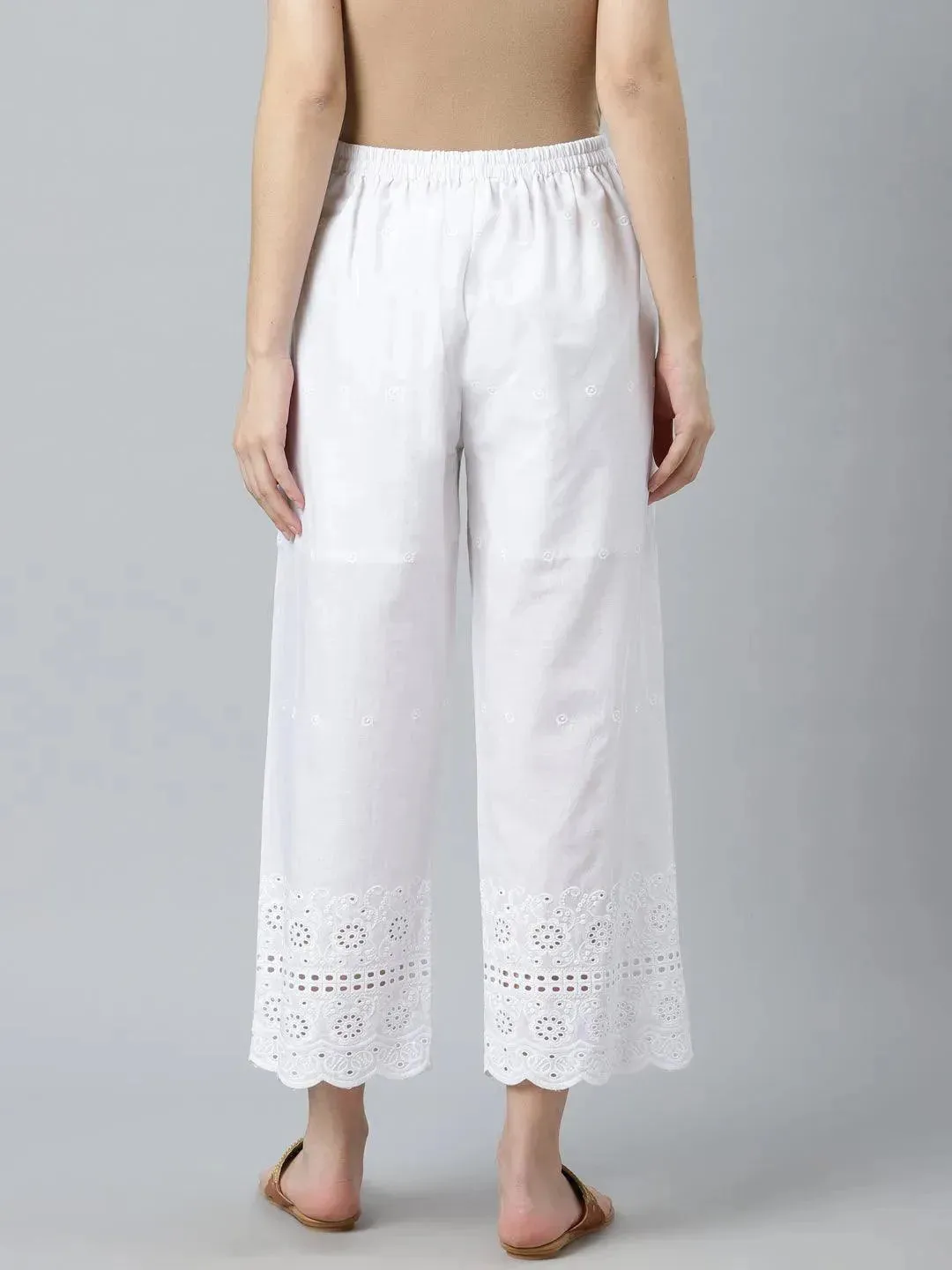 White Embroidered Cotton Palazzos