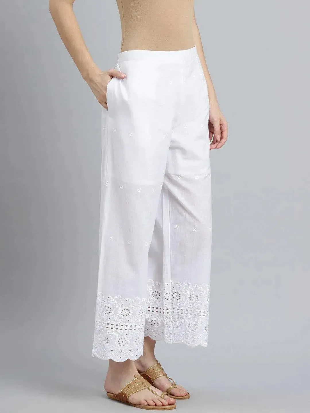 White Embroidered Cotton Palazzos