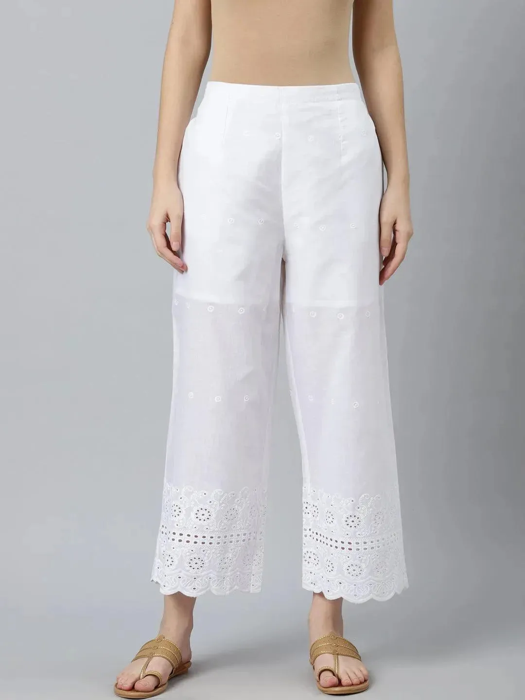 White Embroidered Cotton Palazzos