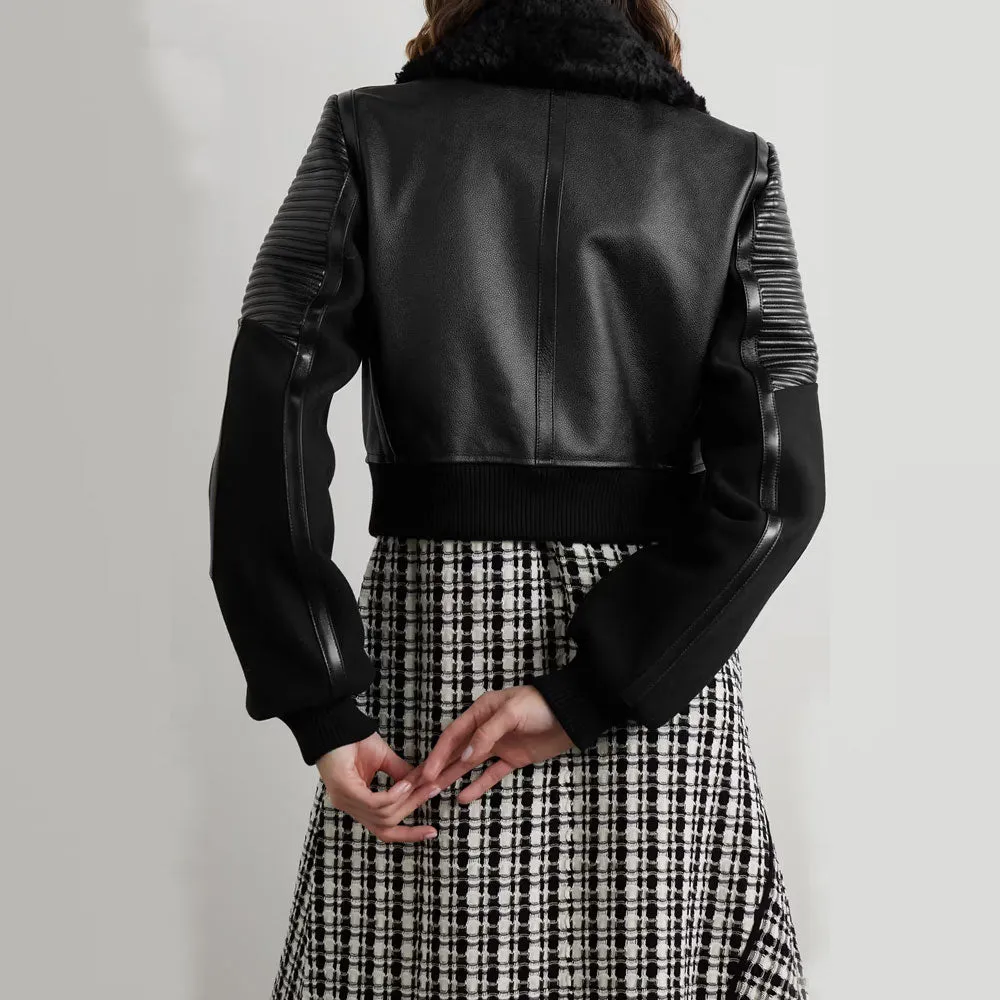 Women Black Shearling-trimmed textured-leather bomber jacket