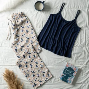 Women summer pajama set Navy top   Cafe X Dark blue floral Pants