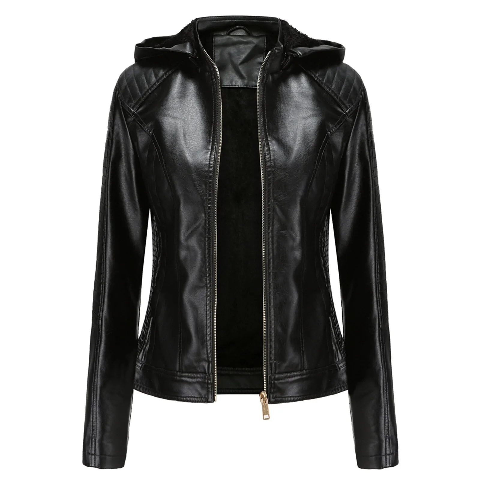 Women's Biker Leather Jacket with Removable Hood