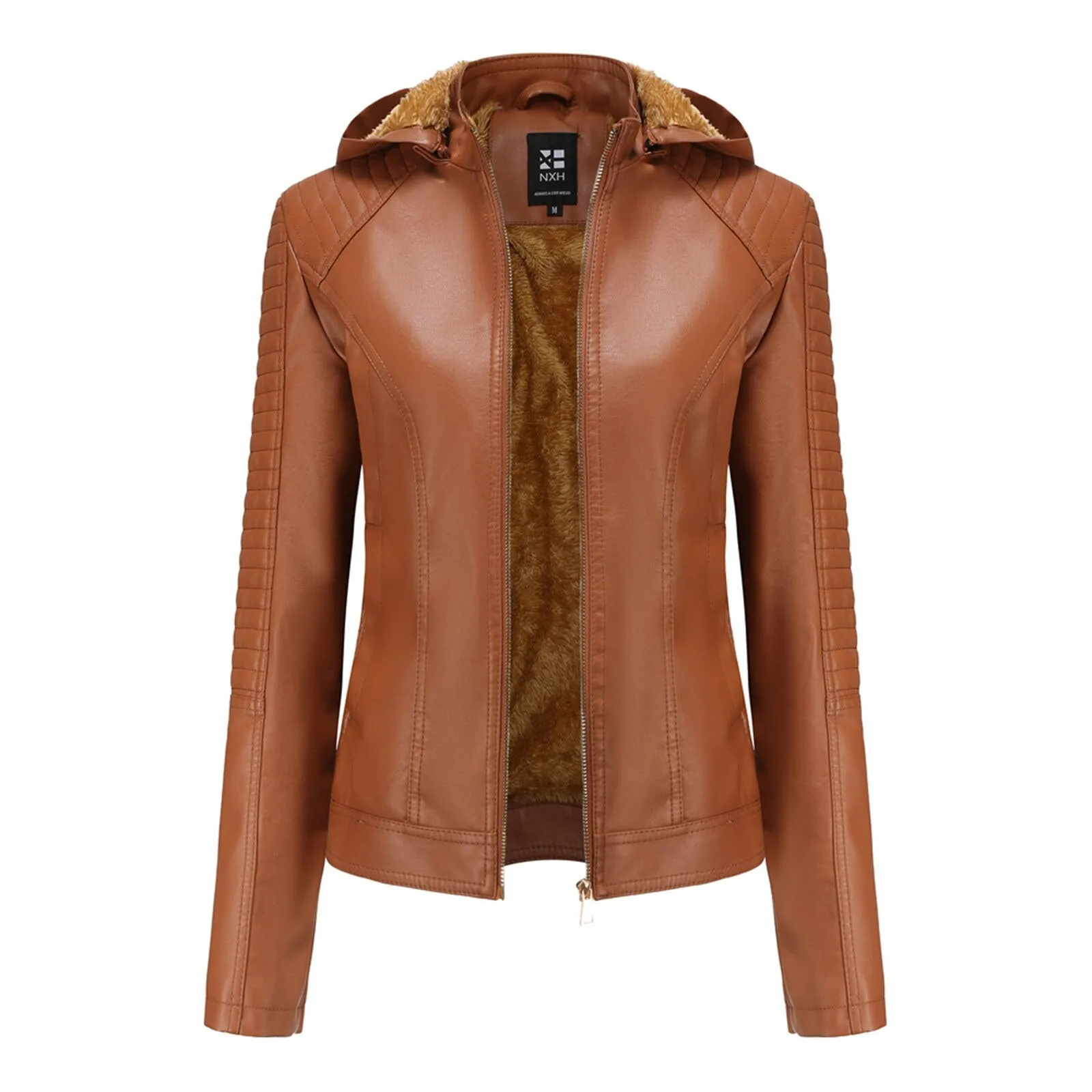 Women's Biker Leather Jacket with Removable Hood