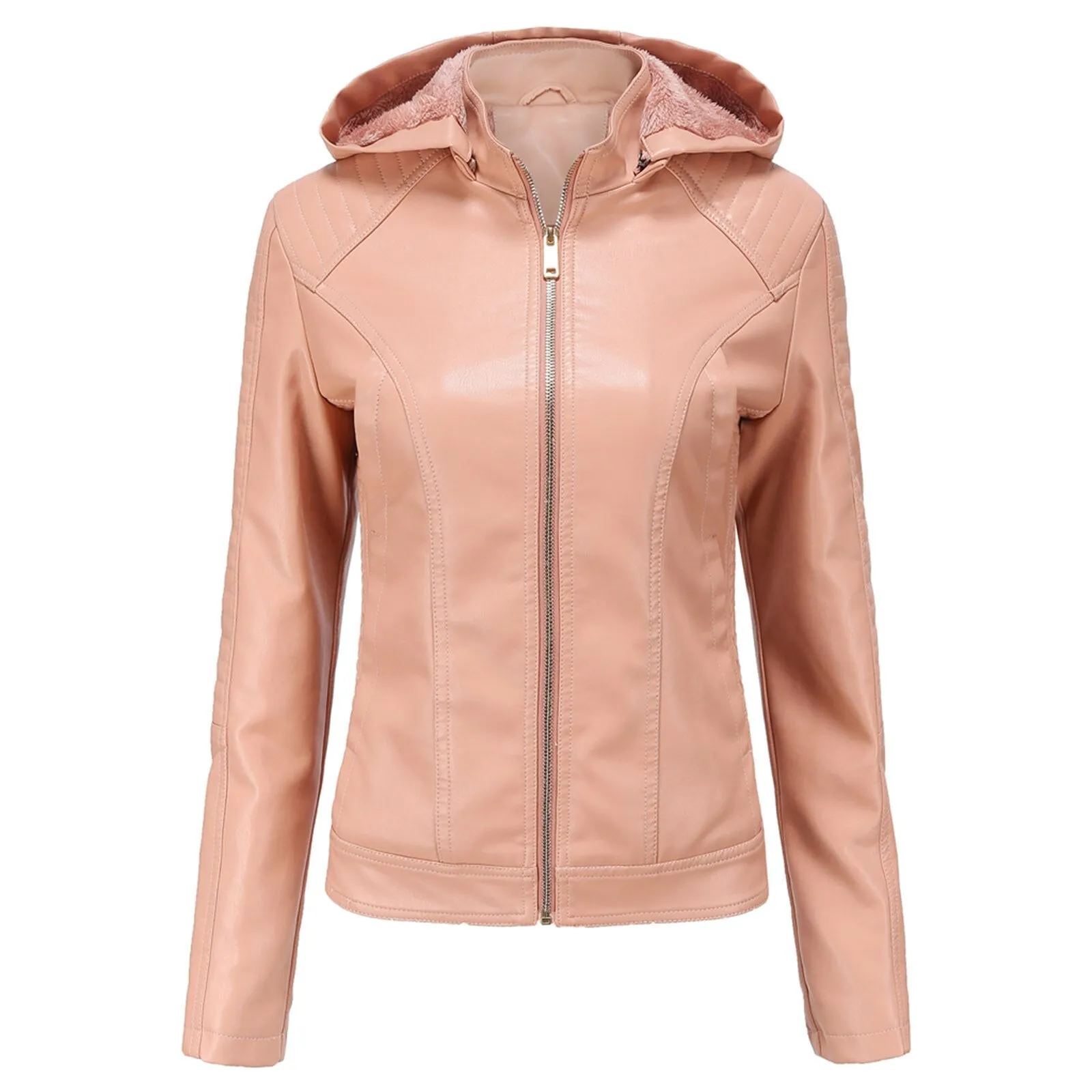 Women's Biker Leather Jacket with Removable Hood