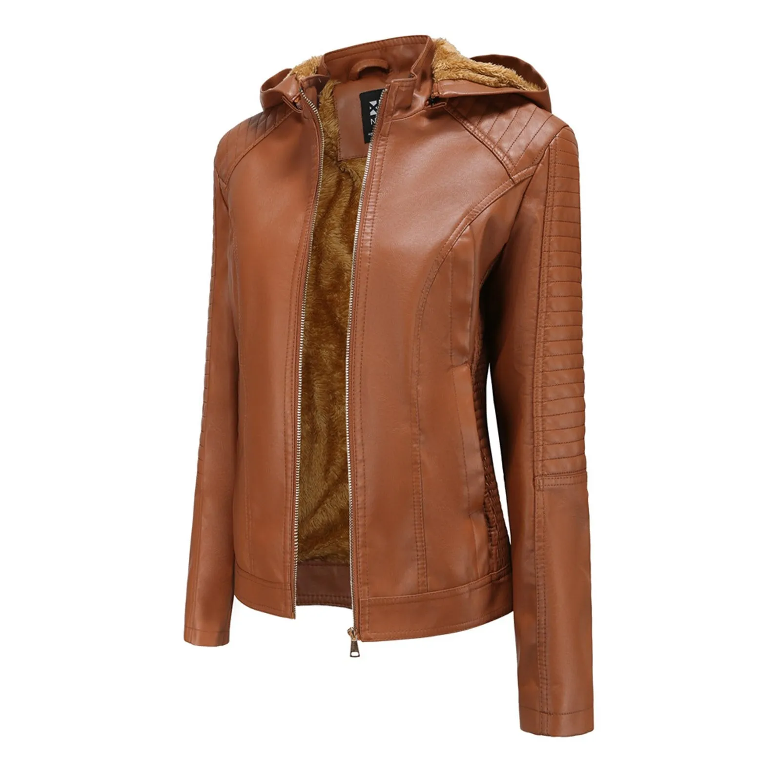 Women's Biker Leather Jacket with Removable Hood