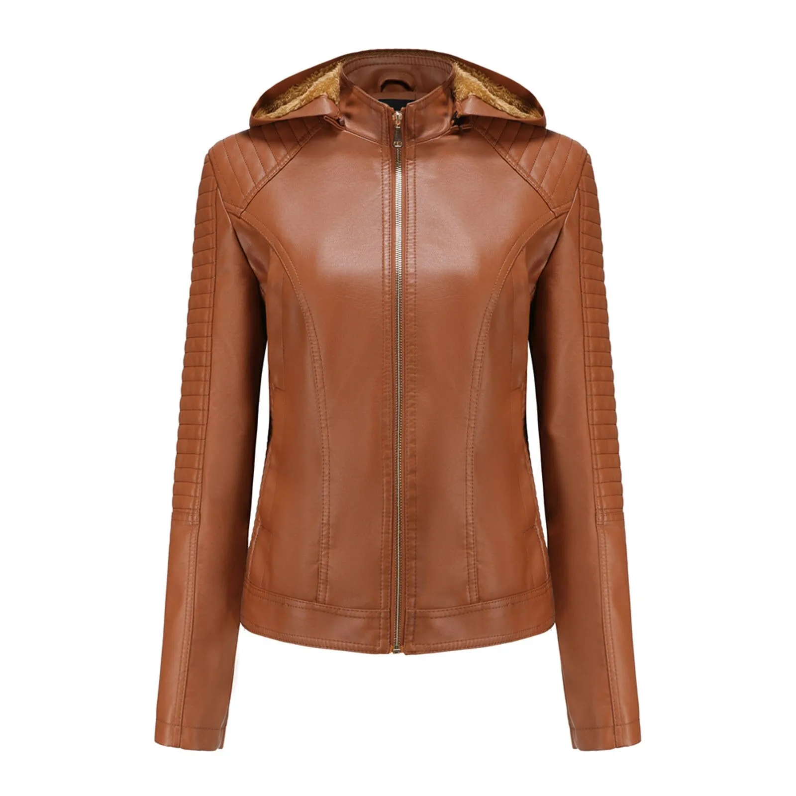 Women's Biker Leather Jacket with Removable Hood