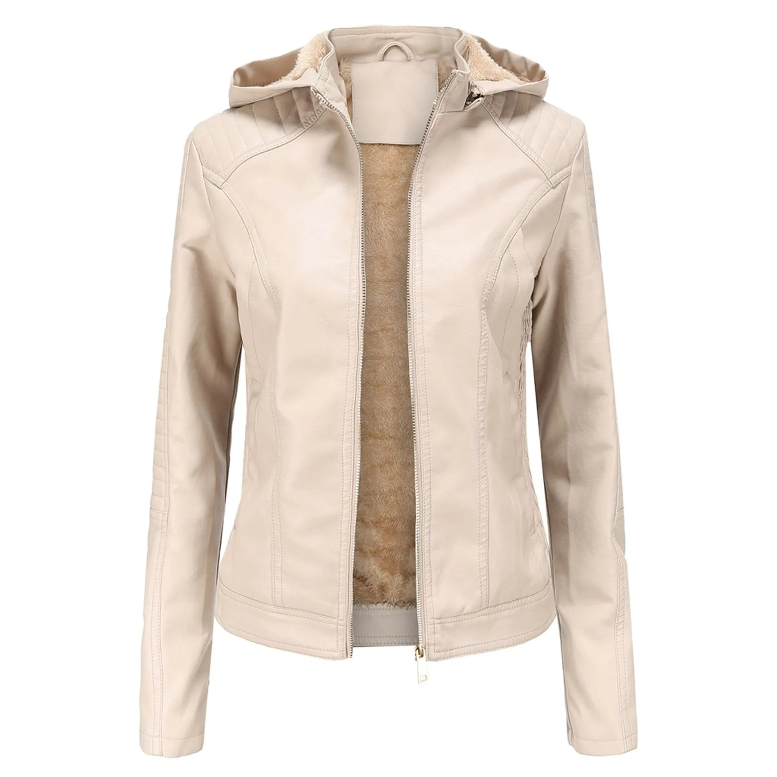 Women's Biker Leather Jacket with Removable Hood