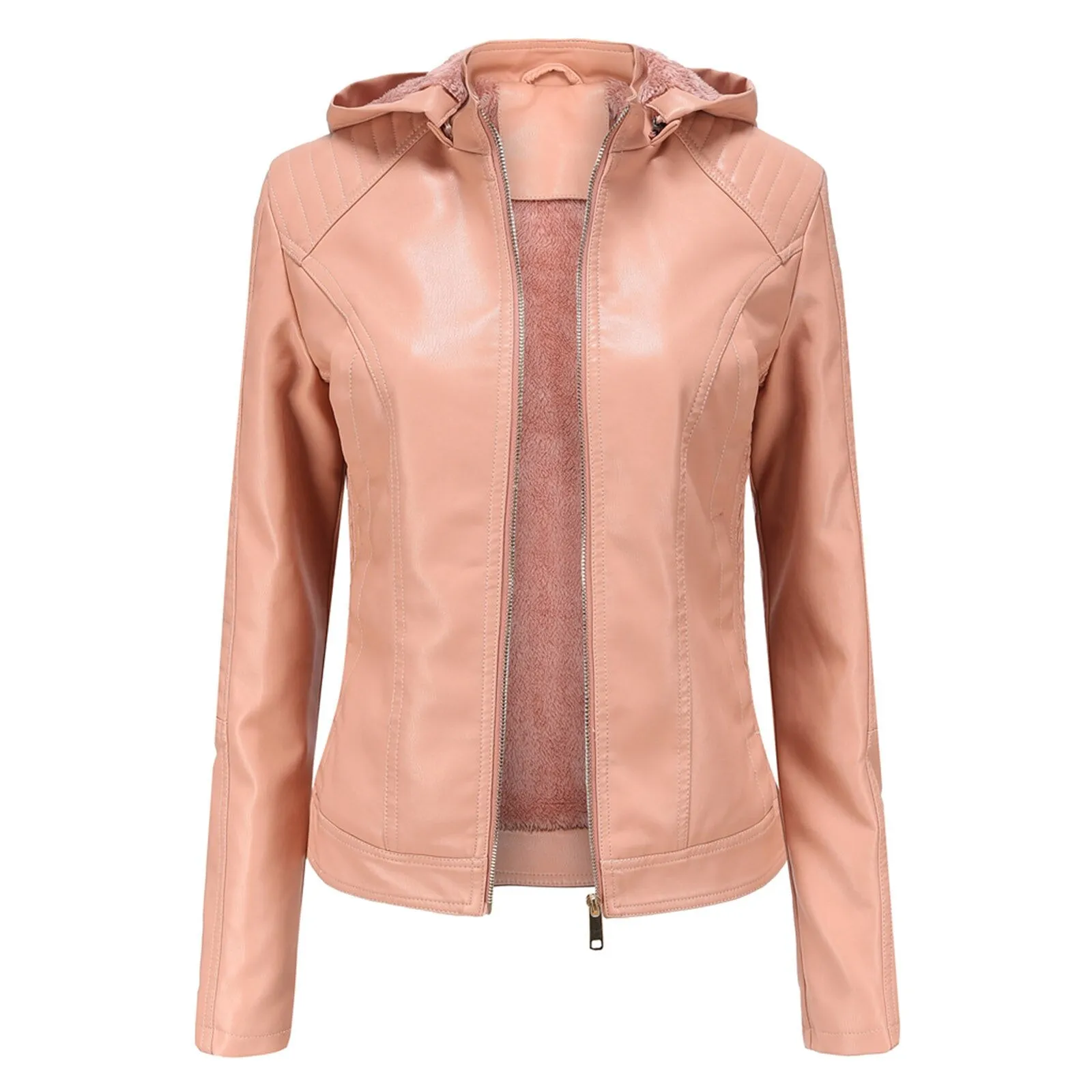 Women's Biker Leather Jacket with Removable Hood