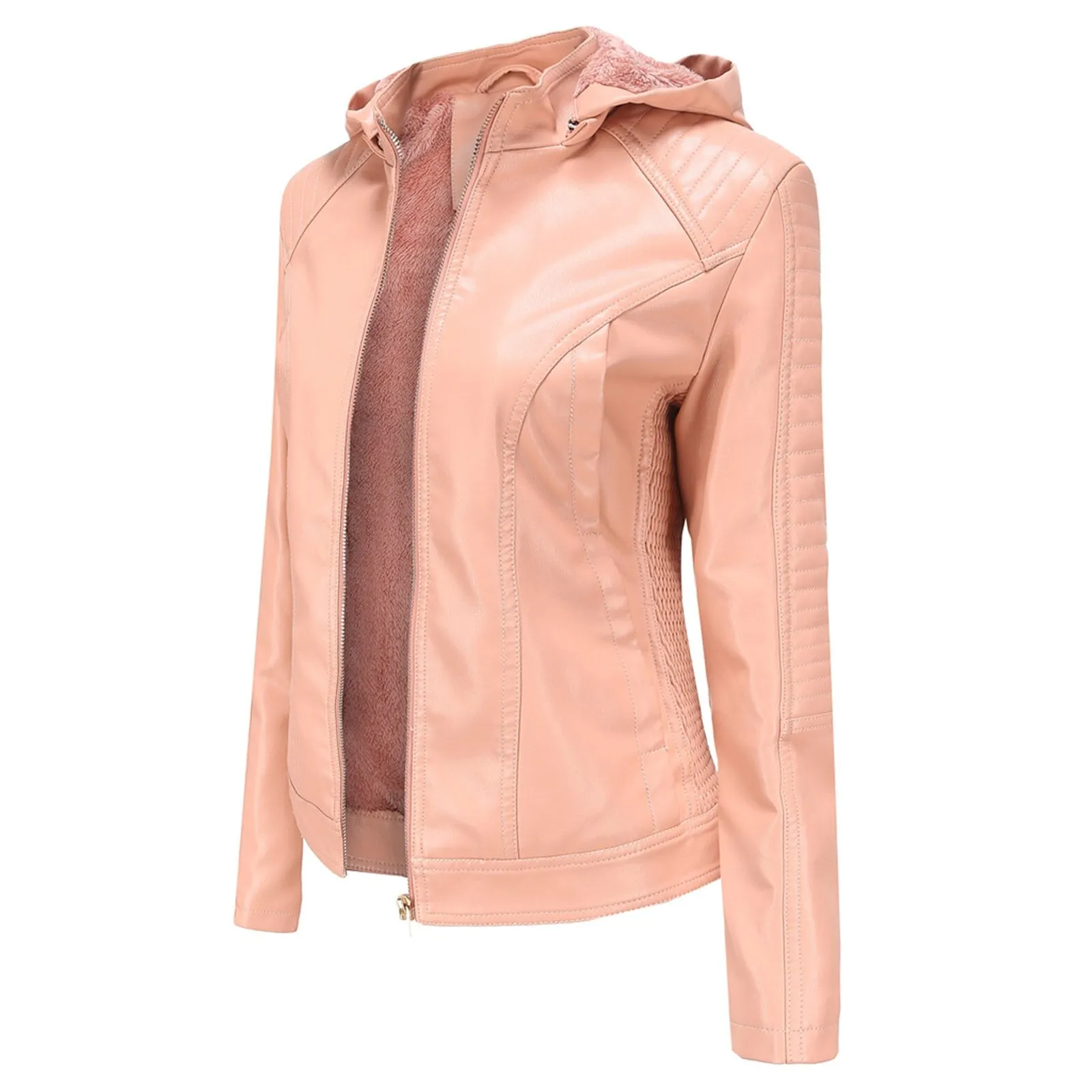 Women's Biker Leather Jacket with Removable Hood