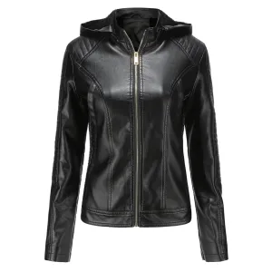 Women's Biker Leather Jacket with Removable Hood