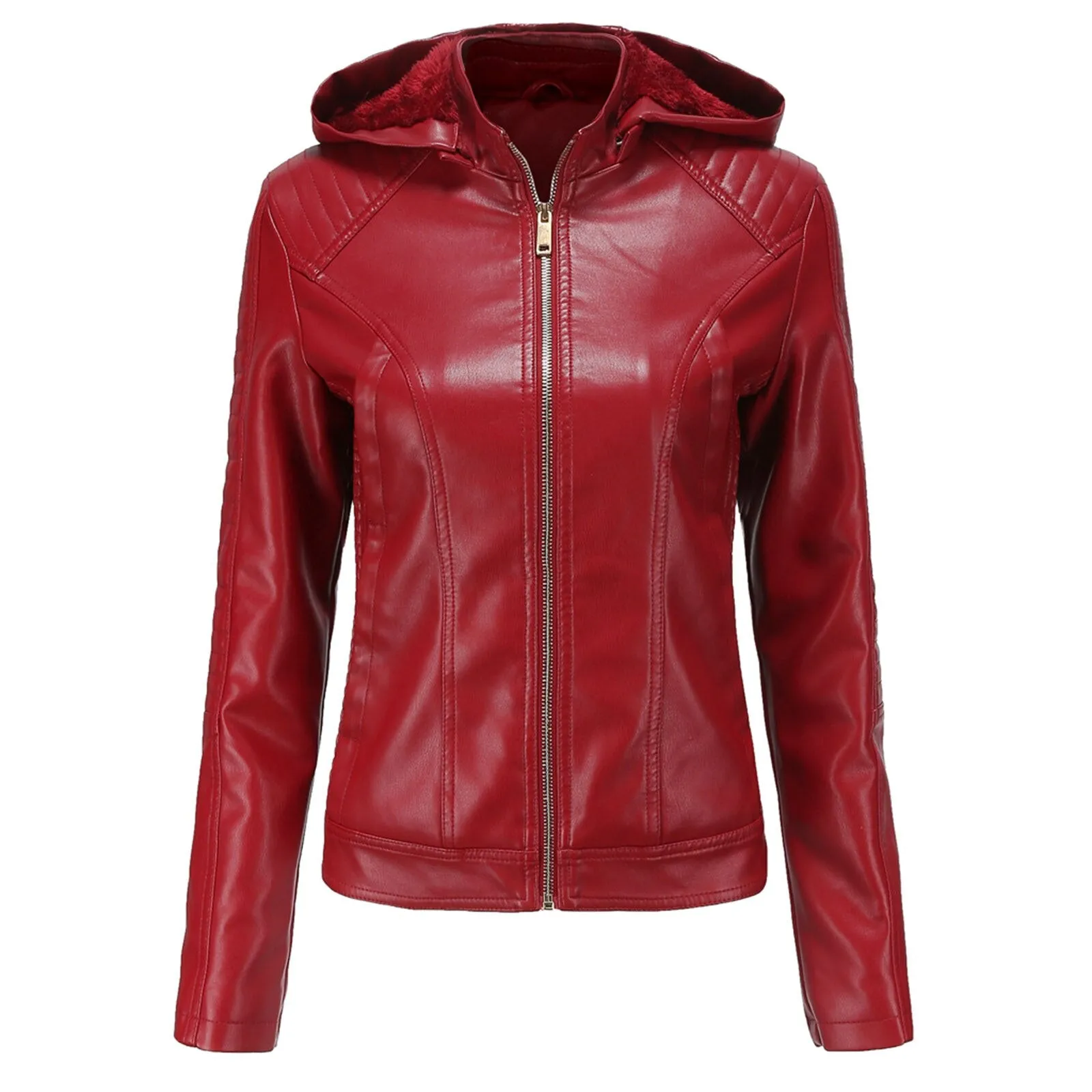 Women's Biker Leather Jacket with Removable Hood