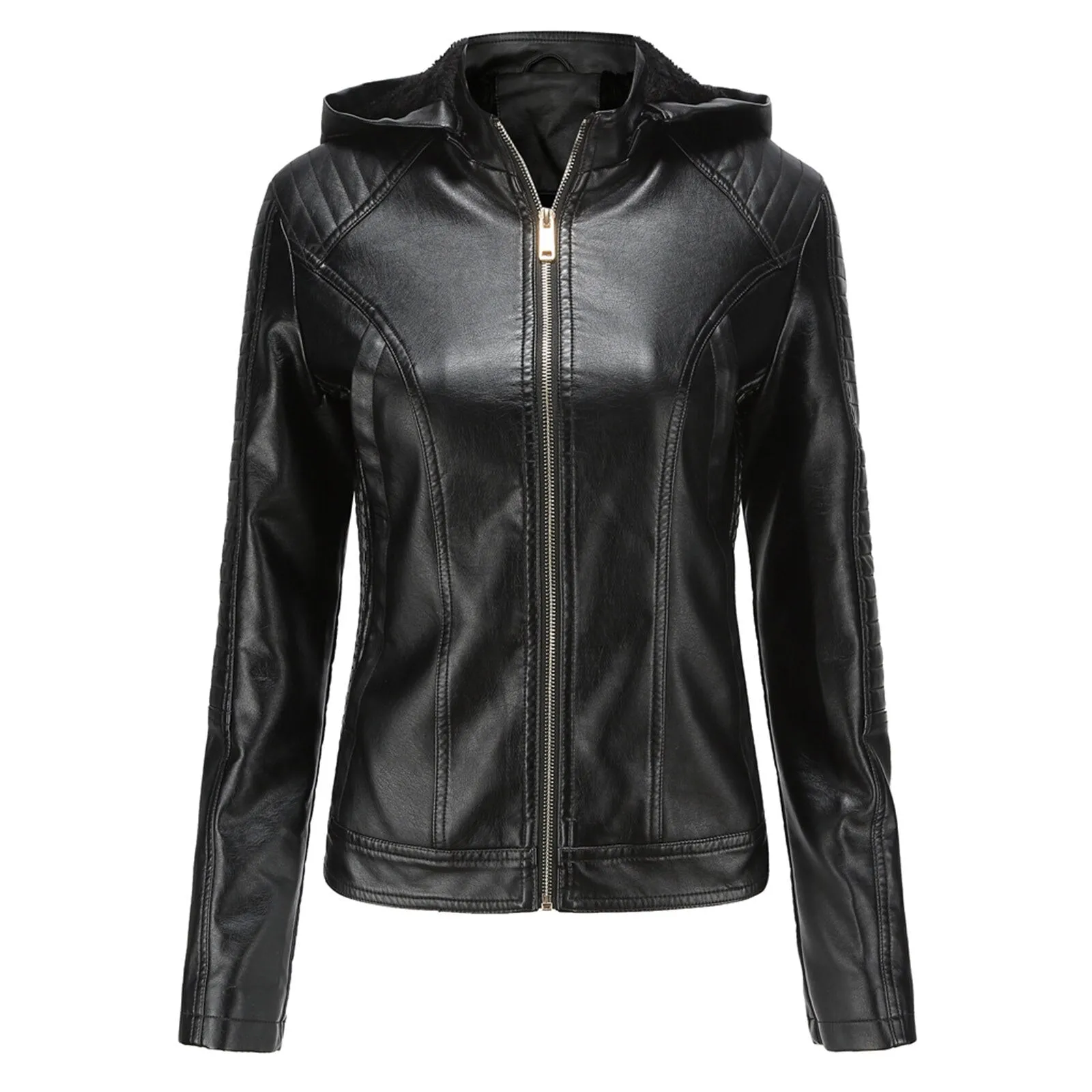 Women's Biker Leather Jacket with Removable Hood