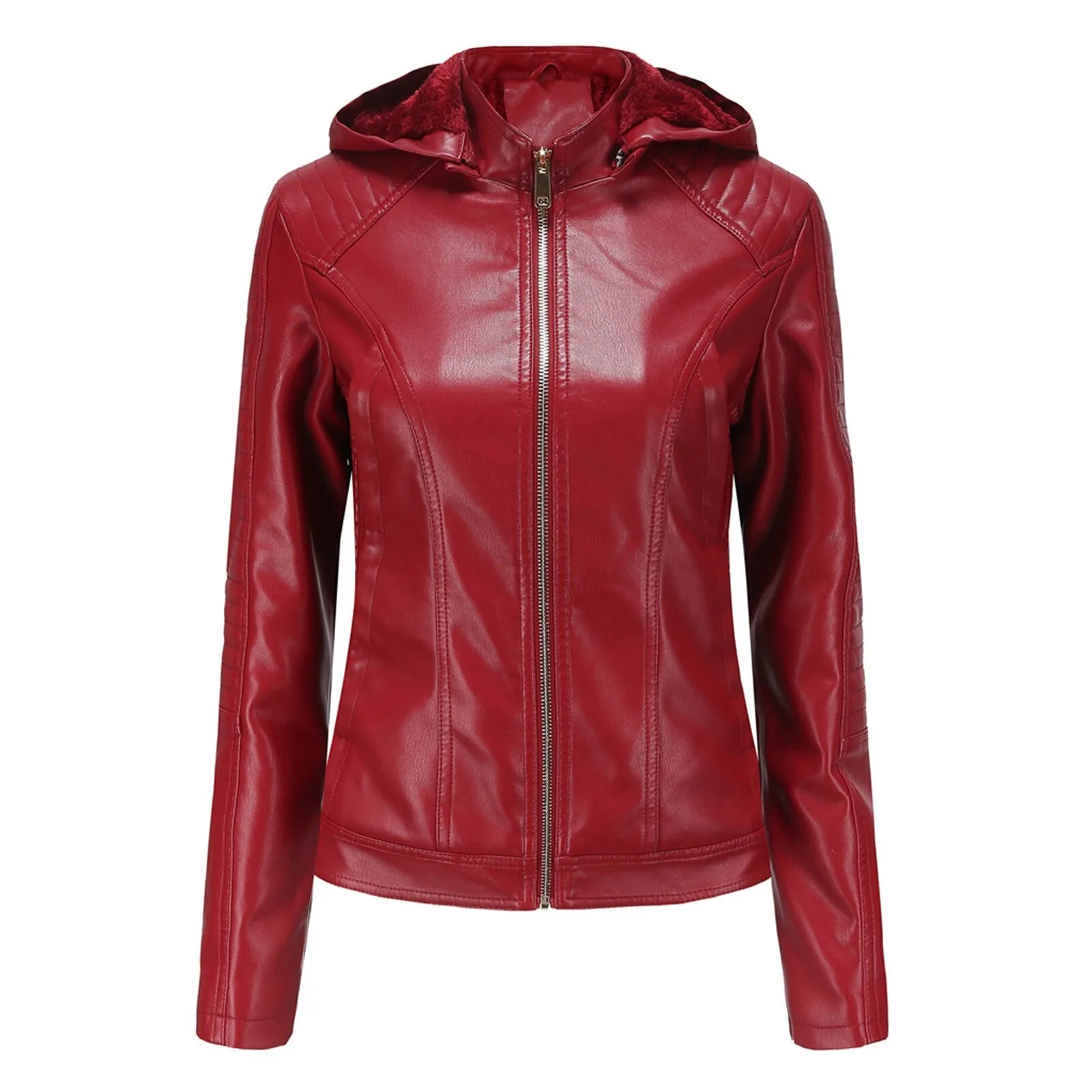 Women's Biker Leather Jacket with Removable Hood