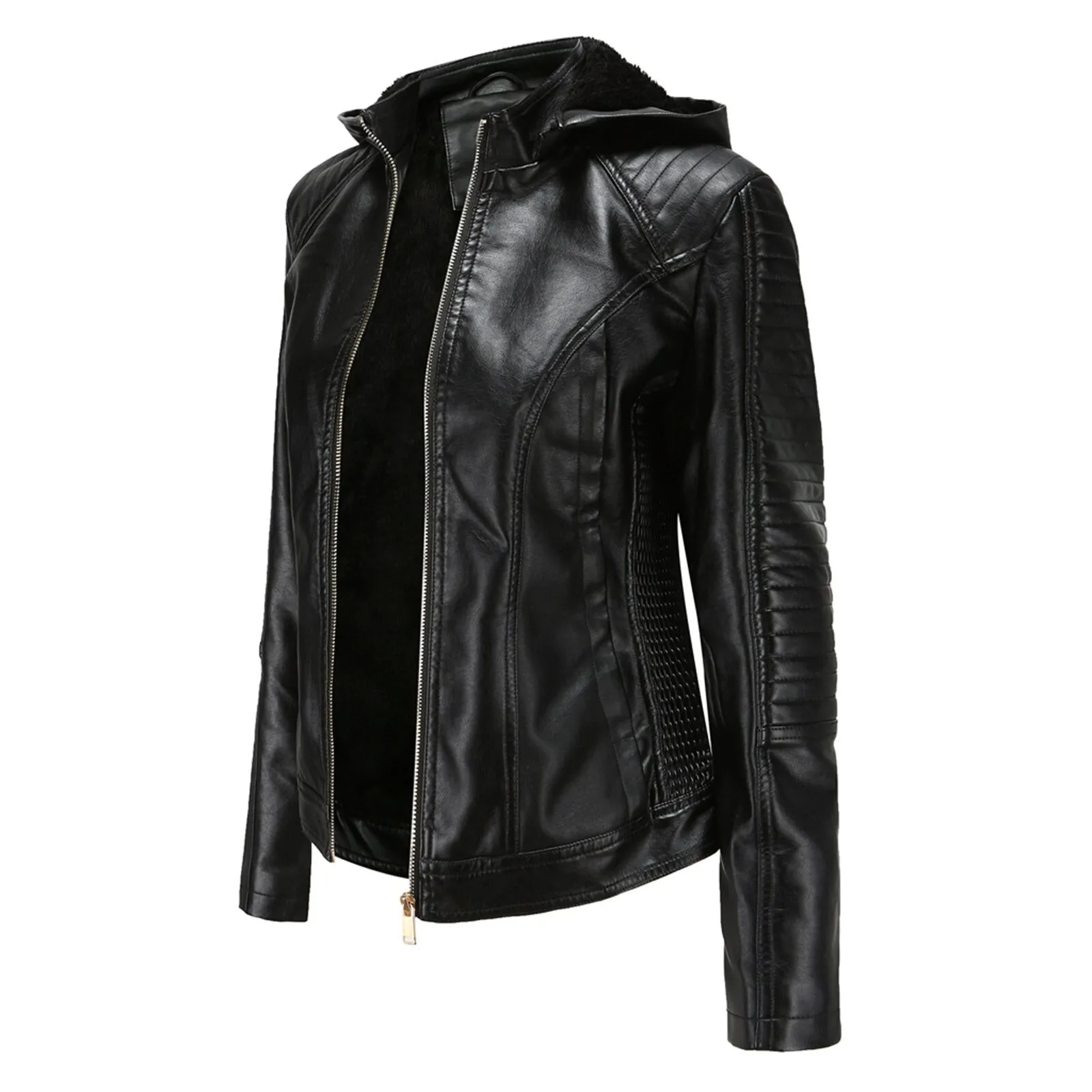 Women's Biker Leather Jacket with Removable Hood