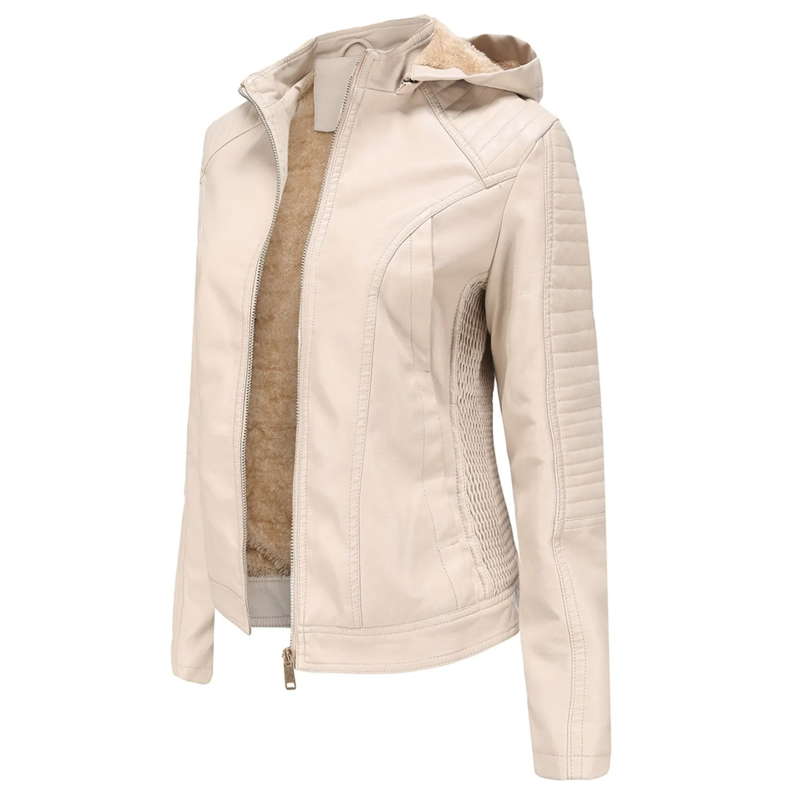 Women's Biker Leather Jacket with Removable Hood