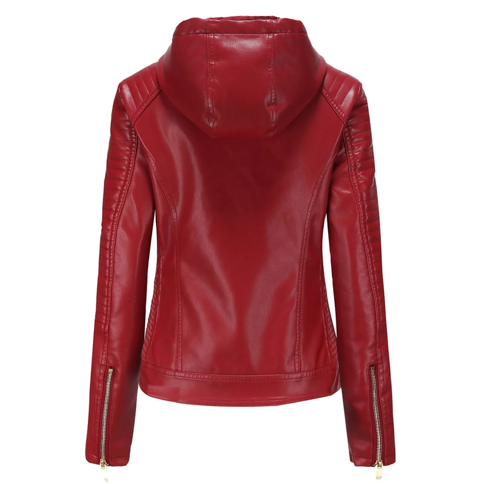 Women's Biker Leather Jacket with Removable Hood