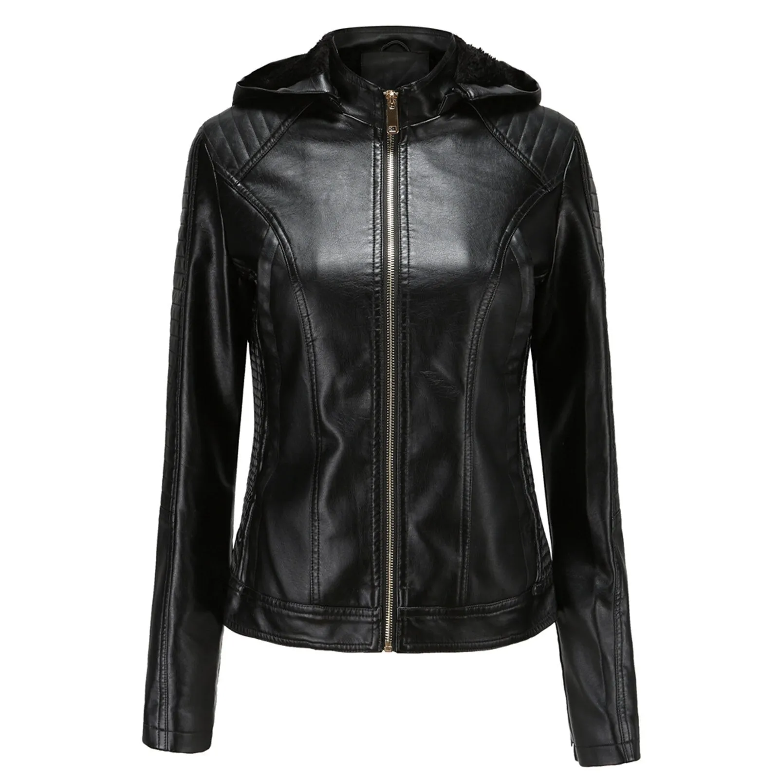 Women's Biker Leather Jacket with Removable Hood