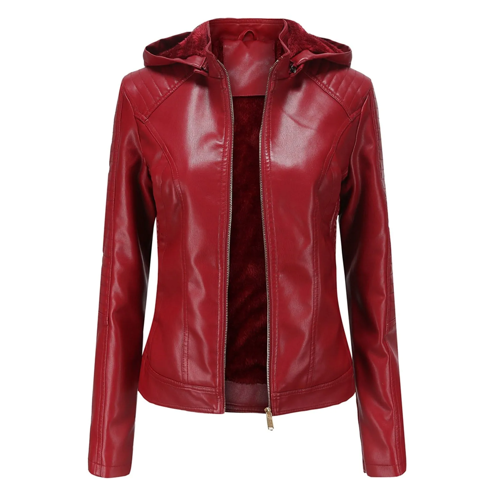 Women's Biker Leather Jacket with Removable Hood