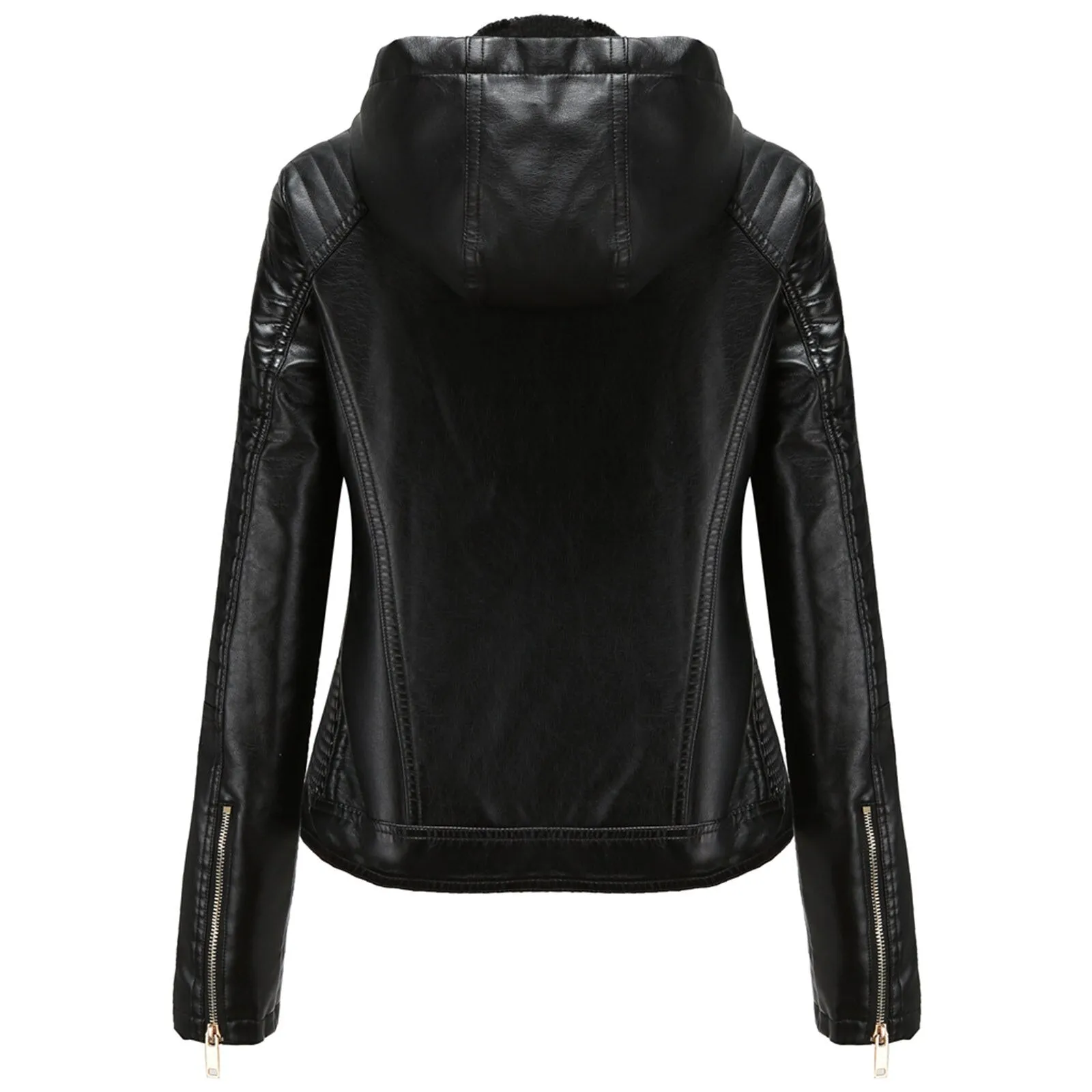 Women's Biker Leather Jacket with Removable Hood