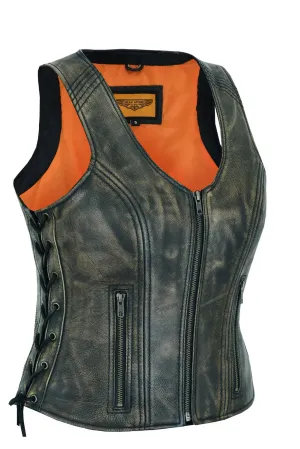 Women's Distressed Brown Naked Leather Vest Side Laces, front zipper